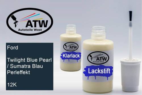 Ford, Twilight Blue Pearl / Sumatra Blau Perleffekt, 12K: 20ml Lackstift + 20ml Klarlack - Set, von ATW Autoteile West.